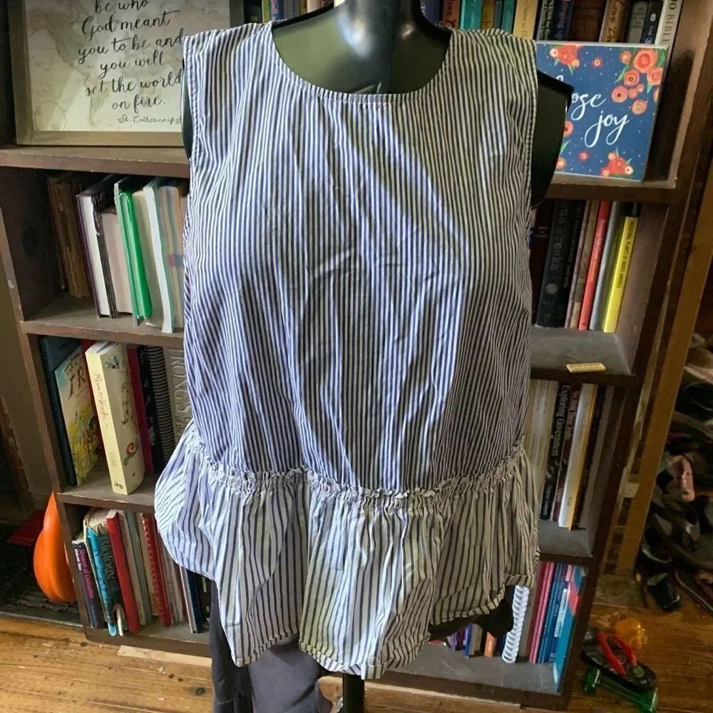 J Crew nautical blue & white striped ruffled hem XL sleeveless blouse